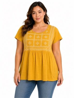 NWT Ella Moss Mustard Embroidered Babydoll Tunic Top Size Large